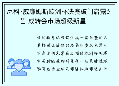 尼科·威廉姆斯欧洲杯决赛破门崭露锋芒 成转会市场超级新星